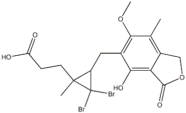 2,2-Dibromo-3-[(4-hydroxy-6-methoxy-7-methyl-3-oxo-5-phthalanyl)methyl]-1-methylcyclopropane-1-propionic acid Struktur