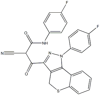 N-(4-Fluorophenyl)-3-[[1-(4-fluorophenyl)-1,4-dihydro-[1]benzothiopyrano[4,3-c]pyrazol]-3-yl]-2-cyano-3-oxopropanamide Struktur