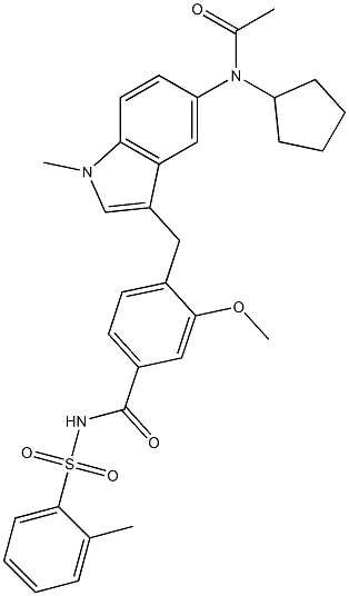 4-[5-(Cyclopentylacetylamino)-1-methyl-1H-indol-3-ylmethyl]-3-methoxy-N-(2-methylphenylsulfonyl)benzamide Struktur