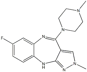 2-Methyl-4-(4-methylpiperazin-1-yl)-7-fluoro-2,10-dihydropyrazolo[3,4-b][1,5]benzodiazepine Struktur