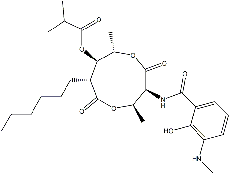 2-Methylpropanoic acid (3S,4R,7R,8R,9S)-3-[(3-methylamino-2-hydroxybenzoyl)amino]-4,9-dimethyl-2,6-dioxo-7-hexyl-1,5-dioxonan-8-yl ester Struktur