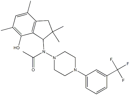 2,3-Dihydro-3-[[4-(3-trifluoromethylphenyl)-1-piperazinyl]acetylamino]-2,2,5,7-tetramethyl-1H-inden-4-ol Struktur