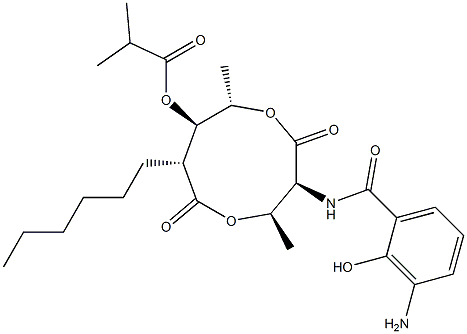 2-Methylpropanoic acid (3S,4R,7R,8R,9S)-3-[(3-amino-2-hydroxybenzoyl)amino]-4,9-dimethyl-2,6-dioxo-7-hexyl-1,5-dioxonan-8-yl ester Struktur