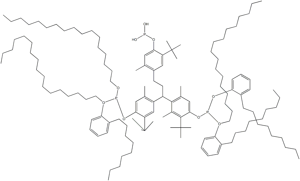 [3-Methyl-1,1,3-propanetriyltris(2-tert-butyl-5-methyl-4,1-phenyleneoxy)]tris(phosphonous acid)O,O',O''-triheptadecyl O,O',O''-tris(2-nonylphenyl) ester Struktur