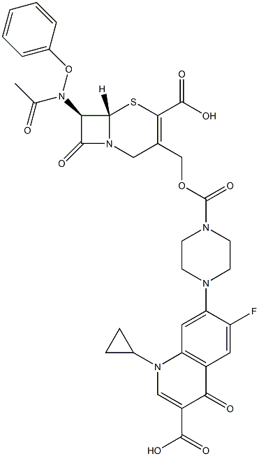 (7R)-7-[Phenoxyacetylamino]-3-[[4-[(1-cyclopropyl-6-fluoro-3-carboxy-1,4-dihydro-4-oxoquinolin)-7-yl]-1-piperazinylcarbonyloxy]methyl]cepham-3-ene-4-carboxylic acid Struktur