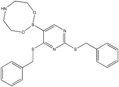 2-(2,4-Bis(benzylthio)-5-pyrimidinyl)tetrahydro-6H-1,3,6,2-dioxazaborocine Struktur