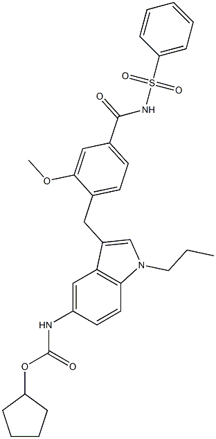 4-[5-(Cyclopentyloxycarbonylamino)-1-propyl-1H-indol-3-ylmethyl]-3-methoxy-N-(phenylsulfonyl)benzamide Struktur