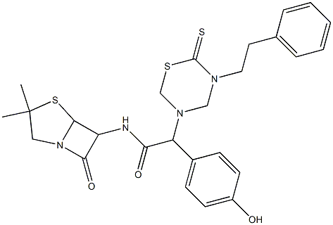 7-Oxo-3,3-dimethyl-6-[[[(tetrahydro-2-thioxo-3-(2-phenylethyl)-2H-1,3,5-thiadiazin)-5-yl](4-hydroxyphenyl)acetyl]amino]-4-thia-1-azabicyclo[3.2.0]heptane Struktur