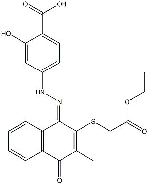 [[[1,4-Dihydro-1-[[[4-hydroxycarbonyl-3-hydroxyphenyl]amino]imino]-3-methyl-4-oxonaphthalen]-2-yl]thio]acetic acid ethyl ester Struktur