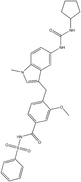 4-[5-(3-Cyclopentylureido)-1-methyl-1H-indol-3-ylmethyl]-3-methoxy-N-(phenylsulfonyl)benzamide Struktur