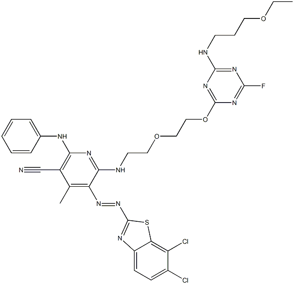 2-[6-Anilino-5-cyano-2-[2-[2-[4-(3-ethoxypropylamino)-6-fluoro-1,3,5-triazin-2-yloxy]ethoxy]ethylamino]-4-methyl-3-pyridylazo]-6,7-dichlorobenzothiazole Struktur