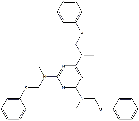 N,N',N''-Trimethyl-N,N',N''-tris[(phenylthio)methyl]-1,3,5-triazine-2,4,6-triamine Struktur