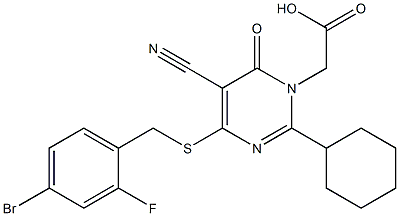 2-Cyclohexyl-4-(4-bromo-2-fluorobenzylthio)-5-cyano-6-oxopyrimidine-1(6H)-acetic acid Struktur