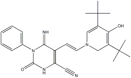 5-(1-Aza-2-(3,5-bis(tert-butyl)-4-hydroxyphenyl)vinyl)-4-imino-2-oxo-3-phenyl-1H-1,3-diazine-6-carbonitrile Struktur