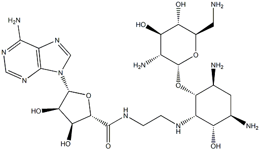 (2S,3S,4R,5R)-5-(6-AMINO-9H-PURIN-9-YL)-N-(2-((1S,2R,3S,5R,6S)-3,5-DIAMINO-2-((2S,3R,4R,5S,6R)-3-AMINO-6-(AMINOMETHYL)-4,5-DIHYDROXYTETRAHYDRO-2H-PYRAN-2-YLOXY)-6-HYDROXYCYCLOHEXYLAMINO)ETHYL)-3,4-DIHYDROXYTETRAHYDROFURAN-2-CARBOXAMIDE Struktur