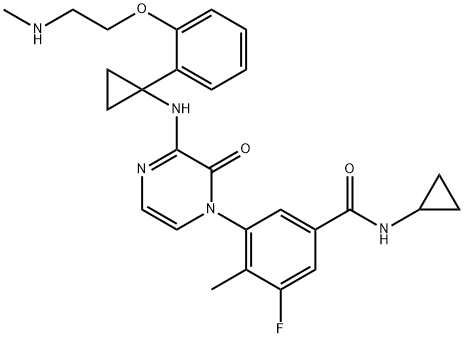 N-cyclopropyl-3-fluoro-4-methyl-5-[3-[[1-[2-[2-(methylamino)ethoxy]phenyl]cyclopropyl]amino]-2-oxo-1(2H)-pyrazinyl]-benzamide Struktur