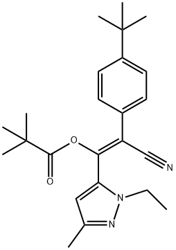 E-2-(4-tert-butylphenyl)-2-cyano-1-(1-ethyl-3-methyl-1H-pyrazol-5-yl)eth-1-en-1-yl Struktur