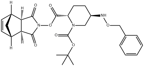 1,2-Piperidinedicarboxylic acid, 5-[(phenylmethoxy)amino]-, 1-(1,1-dimethylethyl) 2-[(3aR,4R,7S,7aS)-1,3,3a,4,7,7a-hexahydro-1,3-dioxo-4,7-methano-2H-isoindol-2-yl] ester, (2S,5R)- Struktur