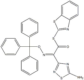 (2Z)-2-(5-amino-1,2,4-thiadiazol-3-yl)-1-(1,3-benzothiazol-2-ylsulfanyl)-2-[(triphenylmethoxy)imino]ethan-1-one Struktur