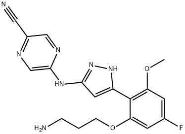 5-((5-(2-(3-aminopropoxy)-4-fluoro-6-methoxyphenyl)-1H-pyrazol-3-yl)amino)pyrazine-2-carbonitrile Struktur