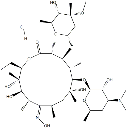 (3R,4S,5S,6R,7R,9R,10E,11S,12R,13S,14R)-6-{[(2S,3R,4S,6R)-4-(Dimethylamino)-3-hydroxy-6-methyltetrahydro-2H-pyran-2-yl]oxy}-14-ethyl-7,12,13-trihydroxy-10-(hydroxyimino)-4-{[(2R,4R,5S,6S)-5-hydroxy-4-methoxy-4,6-dimethyltetrahydro-2H-pyran-2-yl]oxy}-3,5,7,9,11,13-hexamethyloxacyclotetradecan-2-one hydrochloride Struktur