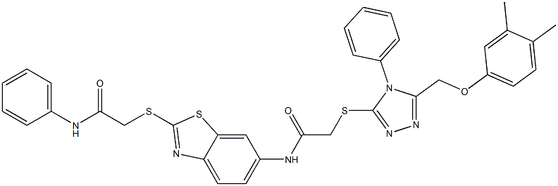 N-{2-[(2-anilino-2-oxoethyl)sulfanyl]-1,3-benzothiazol-6-yl}-2-({5-[(3,4-dimethylphenoxy)methyl]-4-phenyl-4H-1,2,4-triazol-3-yl}sulfanyl)acetamide Struktur