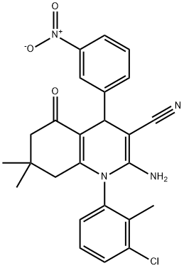 2-amino-1-(3-chloro-2-methylphenyl)-4-{3-nitrophenyl}-7,7-dimethyl-5-oxo-1,4,5,6,7,8-hexahydroquinoline-3-carbonitrile Struktur