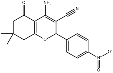 4-amino-2-{4-nitrophenyl}-7,7-dimethyl-5-oxo-5,6,7,8-tetrahydro-2H-chromene-3-carbonitrile Struktur