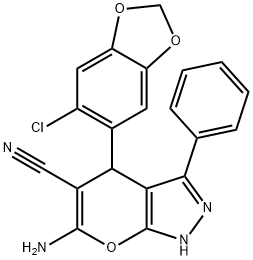 6-amino-4-(6-chloro-1,3-benzodioxol-5-yl)-3-phenyl-1,4-dihydropyrano[2,3-c]pyrazole-5-carbonitrile Struktur