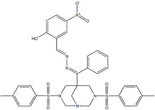 2-hydroxy-5-nitrobenzaldehyde [{3,7-bis[(4-methylphenyl)sulfonyl]-1,3,7-triazabicyclo[3.3.1]non-5-yl}(phenyl)methylene]hydrazone Struktur