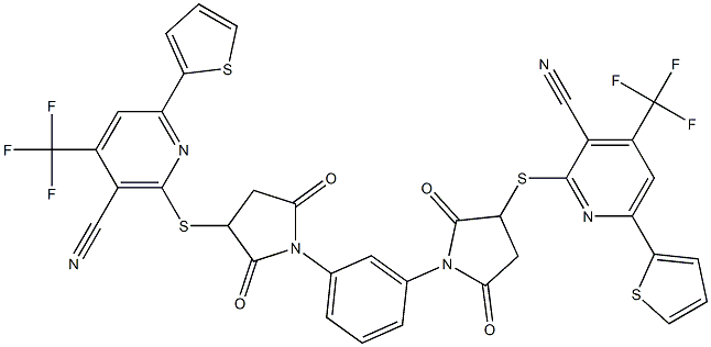 2-({1-[3-(3-{[3-cyano-6-(2-thienyl)-4-(trifluoromethyl)-2-pyridinyl]sulfanyl}-2,5-dioxo-1-pyrrolidinyl)phenyl]-2,5-dioxo-3-pyrrolidinyl}sulfanyl)-6-(2-thienyl)-4-(trifluoromethyl)nicotinonitrile Struktur