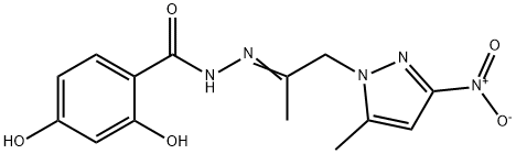 2,4-dihydroxy-N'-(2-{3-nitro-5-methyl-1H-pyrazol-1-yl}-1-methylethylidene)benzohydrazide Struktur