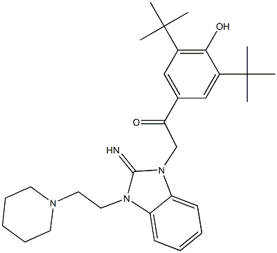 1-(3,5-ditert-butyl-4-hydroxyphenyl)-2-{2-imino-3-[2-(1-piperidinyl)ethyl]-2,3-dihydro-1H-benzimidazol-1-yl}ethanone Struktur