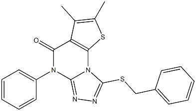 8-(benzylsulfanyl)-2,3-dimethyl-5-phenylthieno[3,2-e][1,2,4]triazolo[4,3-a]pyrimidin-4(5H)-one Struktur