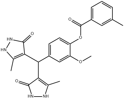 4-[bis(5-hydroxy-3-methyl-1H-pyrazol-4-yl)methyl]-2-methoxyphenyl 3-methylbenzoate Struktur