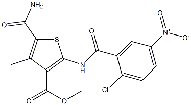 methyl 5-(aminocarbonyl)-2-({2-chloro-5-nitrobenzoyl}amino)-4-methylthiophene-3-carboxylate Struktur