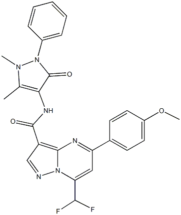 7-(difluoromethyl)-N-(1,5-dimethyl-3-oxo-2-phenyl-2,3-dihydro-1H-pyrazol-4-yl)-5-(4-methoxyphenyl)pyrazolo[1,5-a]pyrimidine-3-carboxamide Struktur