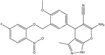 6-amino-4-[3-({5-fluoro-2-nitrophenoxy}methyl)-4-methoxyphenyl]-3-methyl-1,4-dihydropyrano[2,3-c]pyrazole-5-carbonitrile Struktur