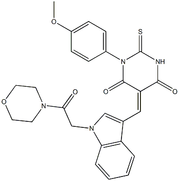 1-(4-methoxyphenyl)-5-({1-[2-(4-morpholinyl)-2-oxoethyl]-1H-indol-3-yl}methylene)-2-thioxodihydro-4,6(1H,5H)-pyrimidinedione Struktur