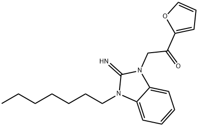 1-(2-furyl)-2-(3-heptyl-2-imino-2,3-dihydro-1H-benzimidazol-1-yl)ethanone Struktur