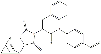 4-formylphenyl 2-(3,5-dioxo-4-azatetracyclo[5.3.2.0~2,6~.0~8,10~]dodec-11-en-4-yl)-3-phenylpropanoate Struktur