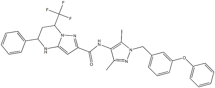 N-[3,5-dimethyl-1-(3-phenoxybenzyl)-1H-pyrazol-4-yl]-5-phenyl-7-(trifluoromethyl)-4,5,6,7-tetrahydropyrazolo[1,5-a]pyrimidine-2-carboxamide Struktur