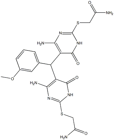 2-({4-amino-5-[{4-amino-2-[(2-amino-2-oxoethyl)sulfanyl]-6-oxo-1,6-dihydro-5-pyrimidinyl}(3-methoxyphenyl)methyl]-6-oxo-1,6-dihydro-2-pyrimidinyl}sulfanyl)acetamide Struktur