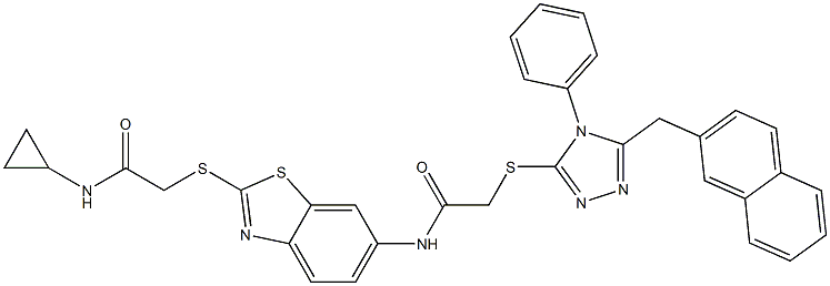 N-(2-{[2-(cyclopropylamino)-2-oxoethyl]sulfanyl}-1,3-benzothiazol-6-yl)-2-{[5-(2-naphthylmethyl)-4-phenyl-4H-1,2,4-triazol-3-yl]sulfanyl}acetamide Struktur