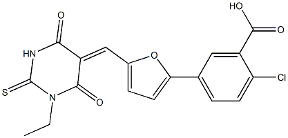 2-chloro-5-{5-[(1-ethyl-4,6-dioxo-2-thioxotetrahydro-5(2H)-pyrimidinylidene)methyl]-2-furyl}benzoic acid Struktur