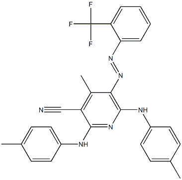 4-methyl-2,6-bis[(4-methylphenyl)amino]-5-{2-[2-(trifluoromethyl)phenyl]diazen-1-yl}pyridine-3-carbonitrile Struktur