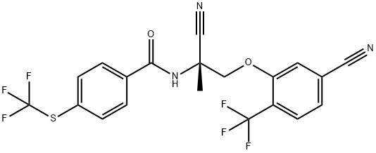 N-{(1R)-1-cyano-2-[5-cyano-2-(trifluoromethyl)phenoxy]-1-methylethyl}-4-[(trifluoromethyl)thio]benzamide Struktur