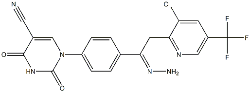 1-(4-{2-[3-chloro-5-(trifluoromethyl)-2-pyridinyl]ethanehydrazonoyl}phenyl)-2,4-dioxo-1,2,3,4-tetrahydro-5-pyrimidinecarbonitrile Struktur