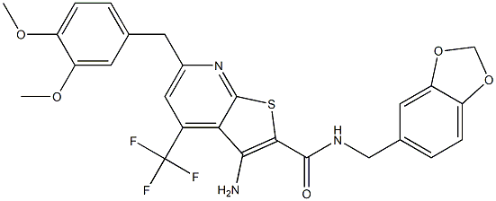 3-amino-N-(1,3-benzodioxol-5-ylmethyl)-6-(3,4-dimethoxybenzyl)-4-(trifluoromethyl)thieno[2,3-b]pyridine-2-carboxamide Struktur