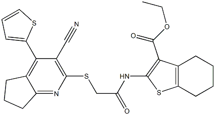 ethyl 2-[(2-{[3-cyano-4-(2-thienyl)-6,7-dihydro-5H-cyclopenta[b]pyridin-2-yl]sulfanyl}acetyl)amino]-4,5,6,7-tetrahydro-1-benzothiophene-3-carboxylate Struktur